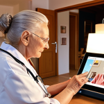 **Image Prompt:** A doctor using e-health technology (tablet) to consult with an elderly patient in their home. The setting includes domotica devices and warm, inviting lighting, highlighting the integration of technology and human connection in elderly care. Focus on a Dutch home interior.