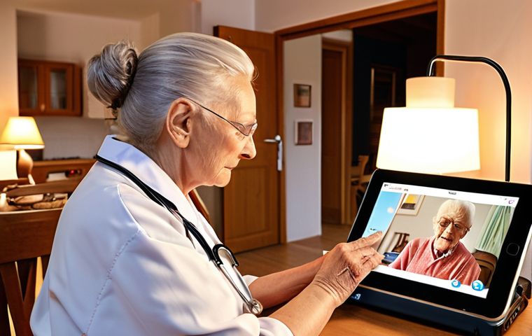 **Image Prompt:** A doctor using e-health technology (tablet) to consult with an elderly patient in their home. The setting includes domotica devices and warm, inviting lighting, highlighting the integration of technology and human connection in elderly care. Focus on a Dutch home interior.