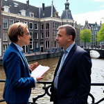 **Government officials discussing ethical frameworks for AI implementation, Amsterdam city hall in the background.** (Focuses on ethics and local context)