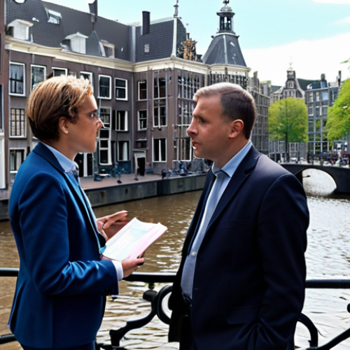 Home 7 **Government officials discussing ethical frameworks for AI implementation, Amsterdam city hall in the background.** (Focuses on ethics and local context)