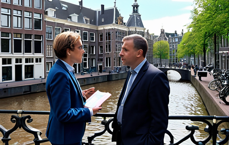 **Government officials discussing ethical frameworks for AI implementation, Amsterdam city hall in the background.** (Focuses on ethics and local context)